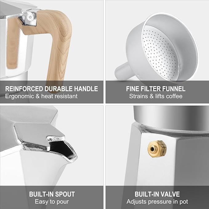 Sivaphe Aluminum Moka Pot 9 Espresso Cups, Percolator Espresso and Coffee Maker, Portable Stove top Italian and Cuban Café Brewer for Home and Camping Sliver