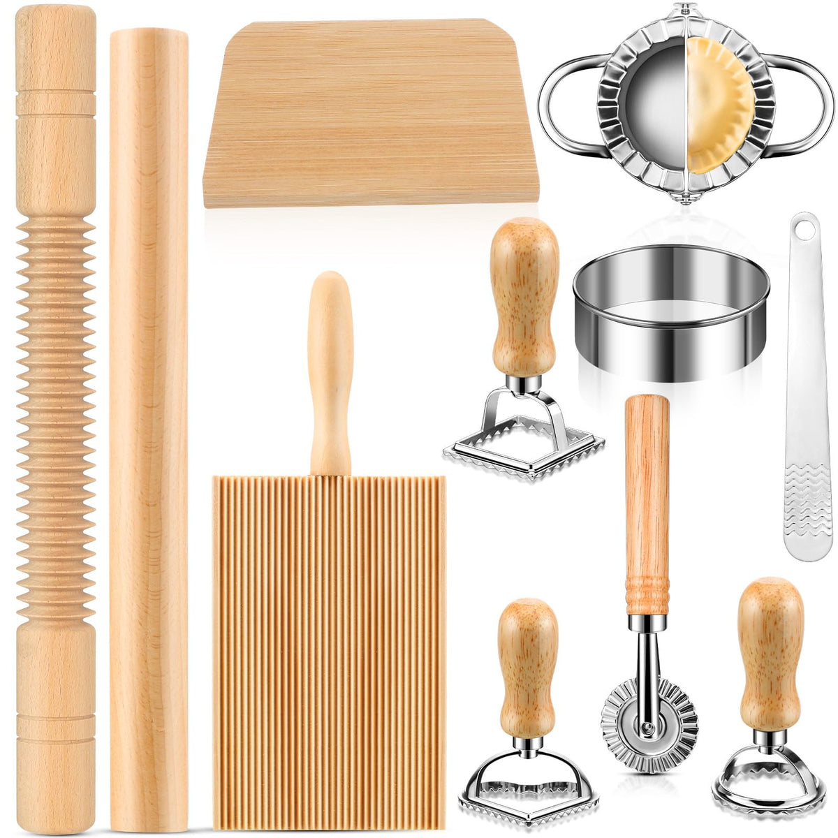 9 Pcs Gnocchi Pasta Making Tools kit - Gnocchi Board, Pasta Cutter, Ravioli Stamp, Wood Threaded Pasta Roller Pin Set, Noodle and Dumplings Maker, Homemade Kitchen Gift for Pasta Lovers