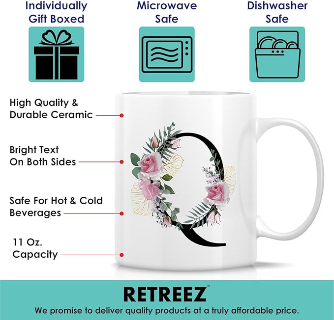 Retreez Initial A-Z Floral Botanical Bouquet Alphabet Monogrammed Monogram Mug 11 Oz Ceramic Tea Coffee Mugs - Appreciation Thank You Wedding Birthday Gifts for her friend coworker sister - Q Initial