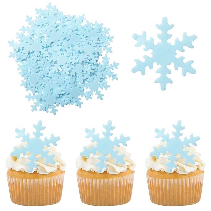 Gyufise 50Pcs Edible Snowflakes Blue Cupcake Cake Toppers Decoration for Chirstmas Winter Frozen Theme Party Supplies