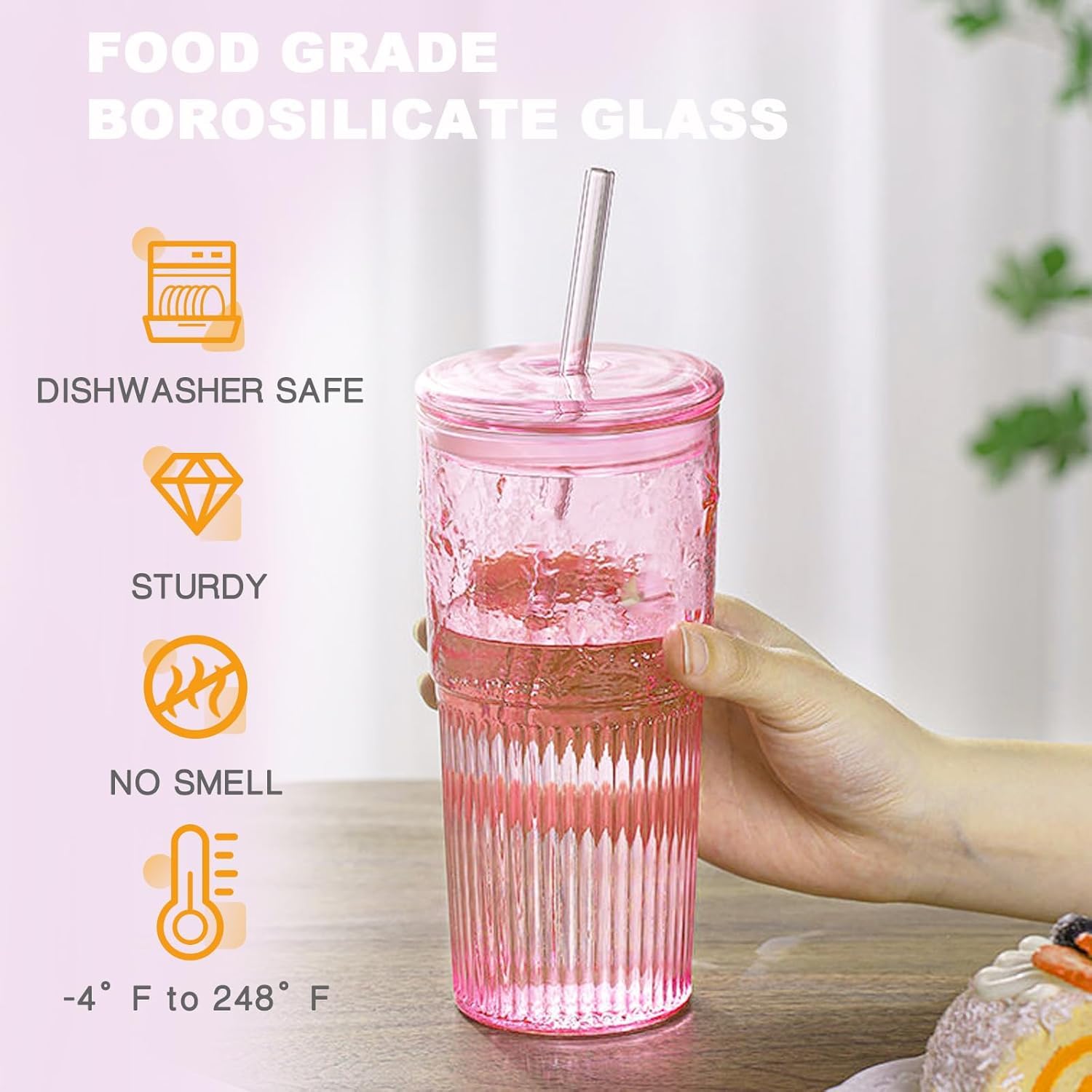 JunVpic Glass Coffee Cups with Lids and Straws, 20 OZ Pink Iced Water Glasses Tumblers for Ice Juice, Tea, Milk, Smoothie and Cold or Hot Drinks, Set of 2