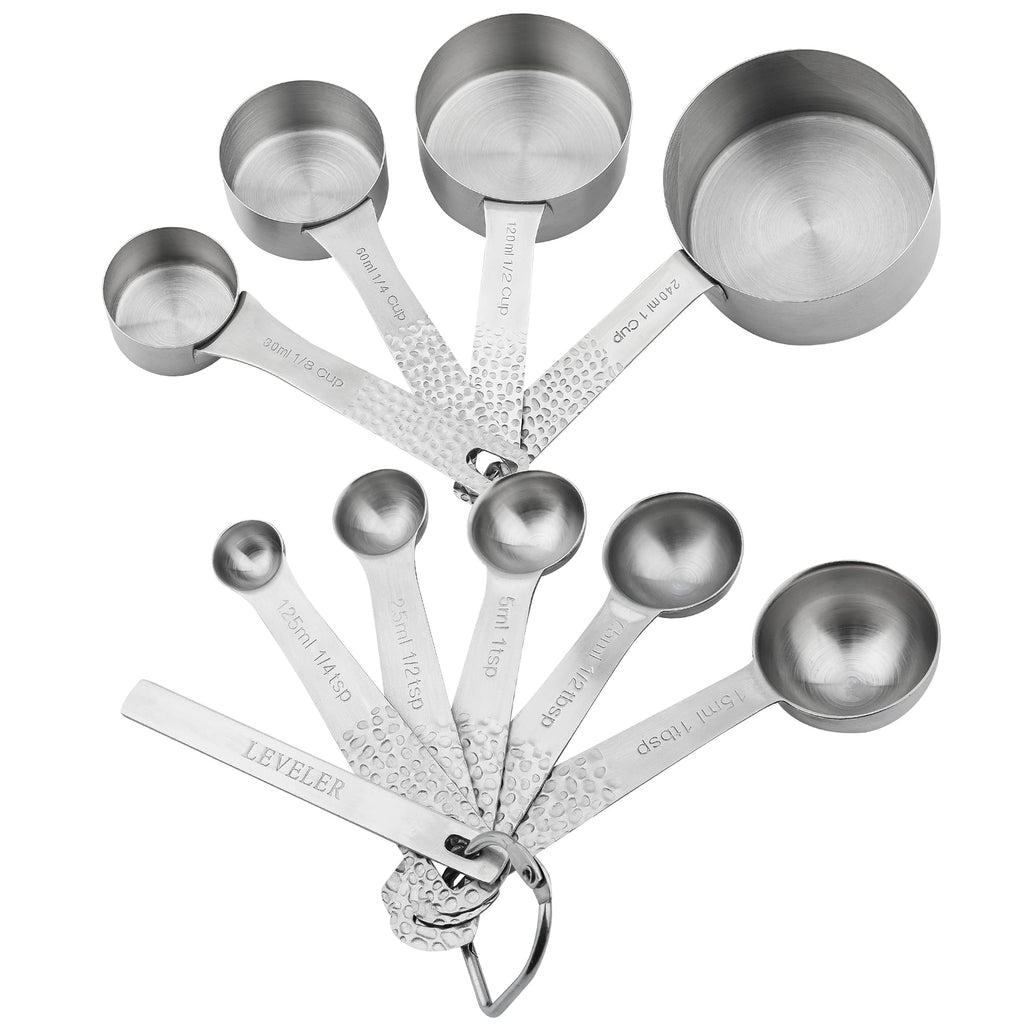 Kalsreui 18/8 Stainless Steel Measuring Cups and Spoons Set 10 for Baking & Kitchen, Metric & US Metal 4 Measuring Cups and 5 Measuring Spoons with 1 Leveler