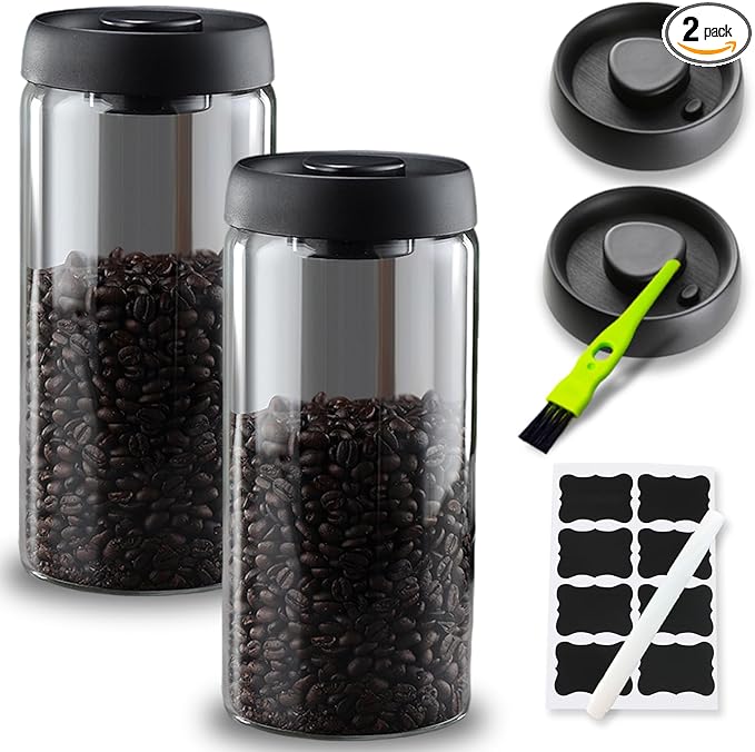 Vacuum Coffee Canister,2PCS 61FLOZ Borosilicate Glass Jar with Spare Airtight lid, Label & Brush, Coffee Bean Storage for Coffee Beans & Grounds (Shade Glass)