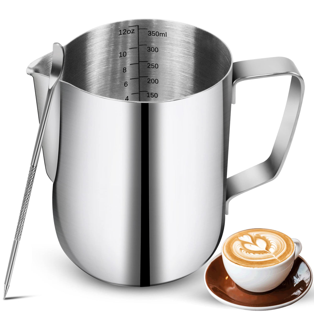 Milk Frothing Pitcher Stainless Milk Cup with Art Pen (White, 350, Milliliters)