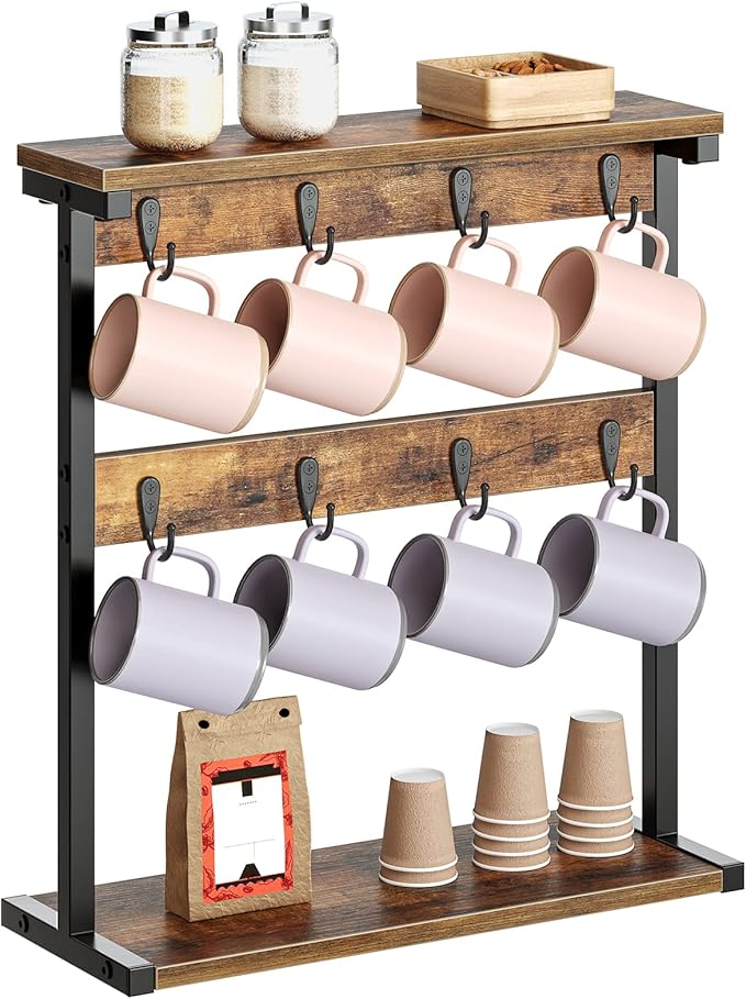 Coffee Mug Holder for Counter, 2 Tier Mug Tree Rack, with 8 Hook and 2 Open Shelves, Vintage Mug Holder Stand for Home Kitchen, Rustic Brown MH43BR