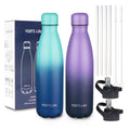 Insulated Water Bottle, 2 Pack-17oz Stainless Steel Water Bottles with straw lid, Metal Sports Water Bottles for Boys,Girls, Double Wall Vacuum BPA-Free Flask for School (Purple-Ocean Dream)