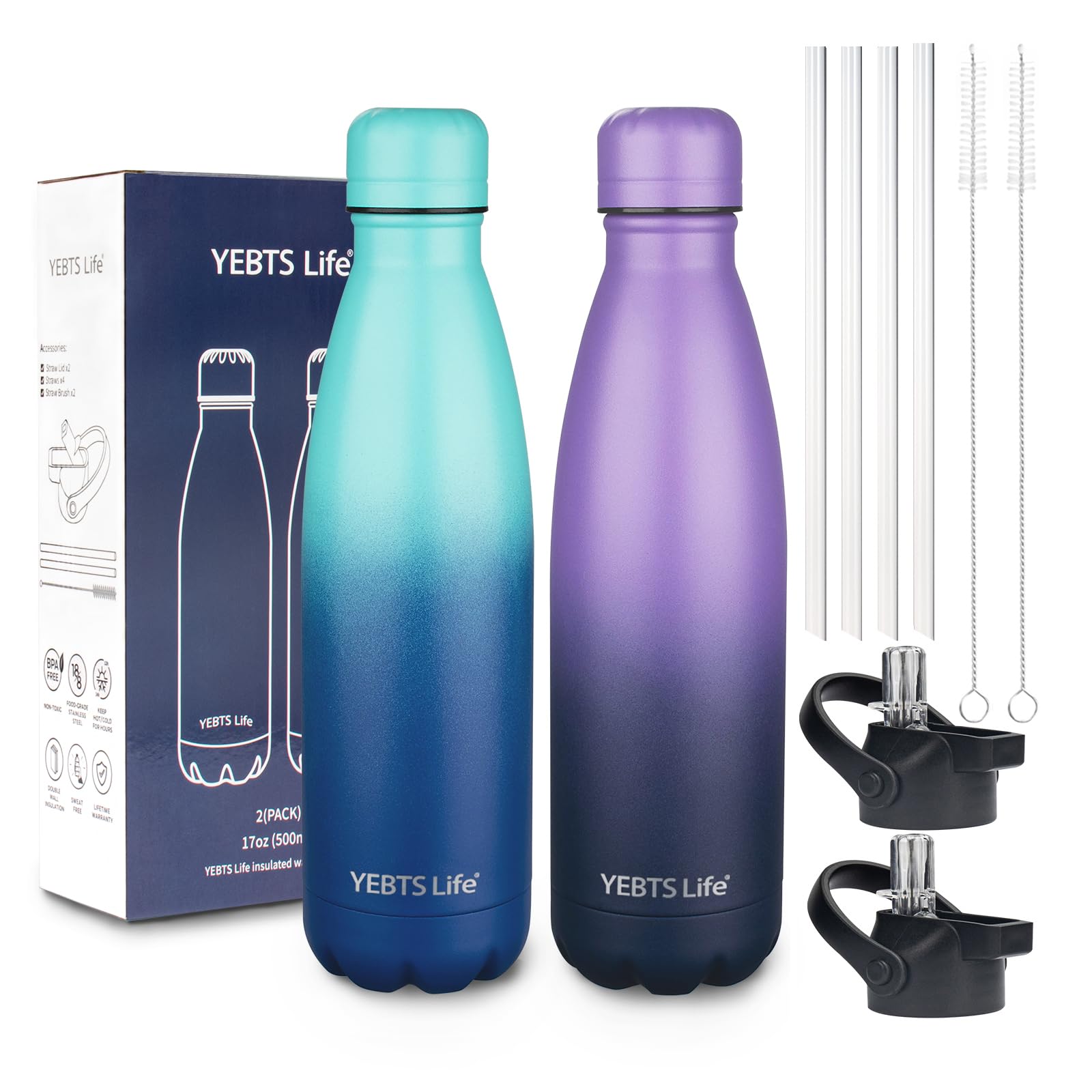 Insulated Water Bottle, 2 Pack-17oz Stainless Steel Water Bottles with straw lid, Metal Sports Water Bottles for Boys,Girls, Double Wall Vacuum BPA-Free Flask for School (Purple-Ocean Dream)