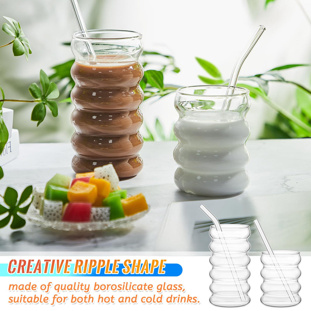 Tessco for you 4 Pcs Creative Glass Cups Vintage Drinking Glasses Ribbed Glassware Aesthetic Cup Entertainment Dinnerware Glassware with Straws Set for Kitchen Coffee Beverage(13.5 Oz, 16 oz,Clear)