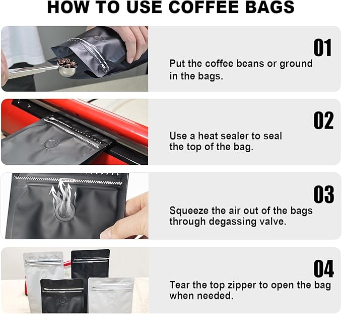 Coffee Bags with Valve(60pcs,8 oz,1/2 lb) Vented Coffee Beans Packaging Bags High Barrier Aluminumed Foil Flat Bottom Heat Sealed Side Zipper Resealable Storage Bag for Home or Business (White+Gray）