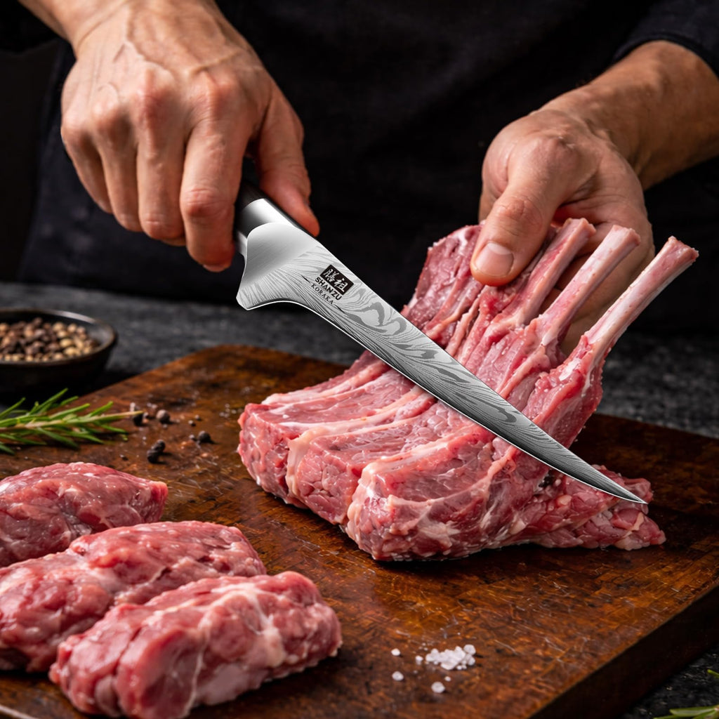 SHAN ZU Fillet Knife 7 Inch, Powder Steel Boning Knife High Carbon Japanese Filleting Knives, Ultra Sharp Deboning Knives for Meat Cutting with Ergonomic Pakkawood Handle
