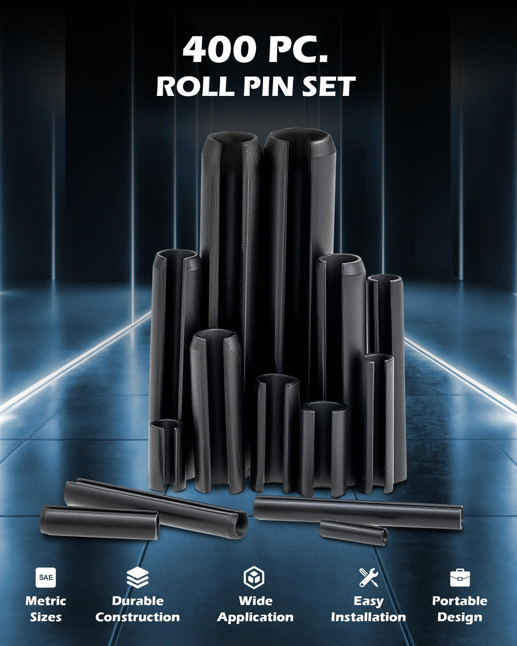 ZELCAN 400pc Roll Pin Set, M1.5 M2 M2.5 M3 M4 M5 M6 Slotted Metric Spring Pins in Various Lengths, Steel Split Expansion Pin Hardware Assortment Kit