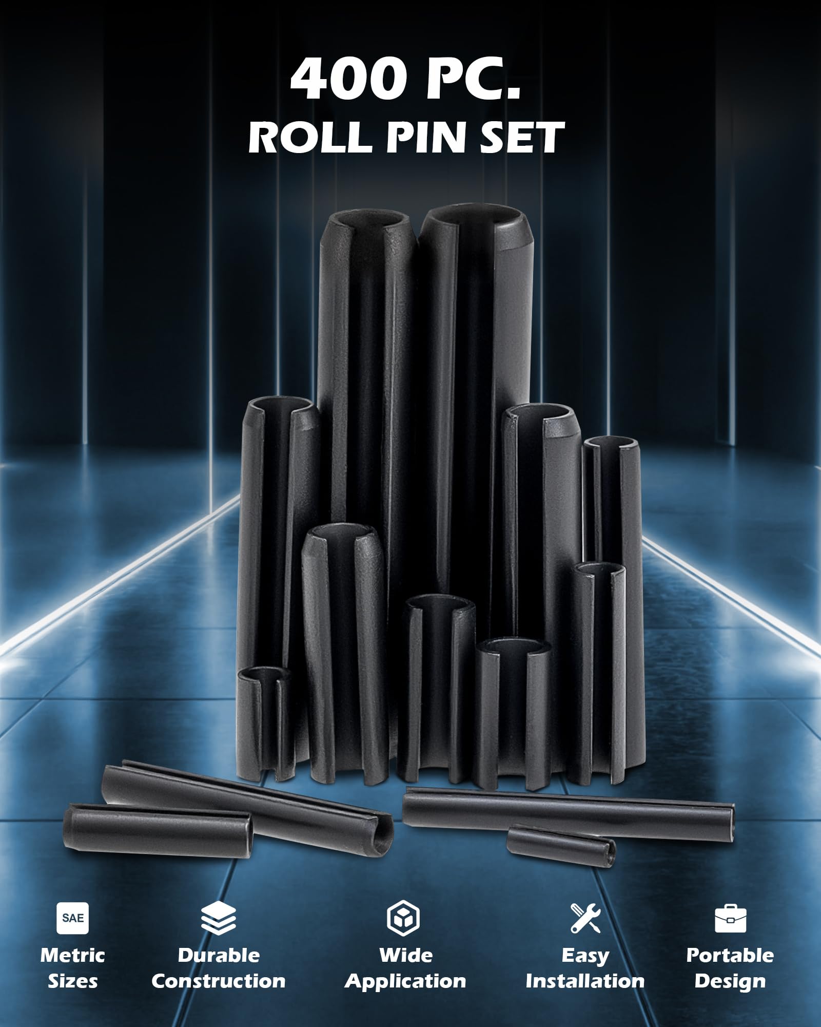 ZELCAN 400pc Roll Pin Set, M1.5 M2 M2.5 M3 M4 M5 M6 Slotted Metric Spring Pins in Various Lengths, Steel Split Expansion Pin Hardware Assortment Kit