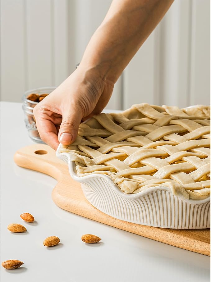 Ceramic Deep Pie Pan for Baking, 11 inch Porcelain Pie Dish for Apple Pie, Oven & Dishwasher Safe, Farmhouse Decor, 48 Ounce Deep Plate for Kitchen, Non-Stick Pie Pans,Off-White