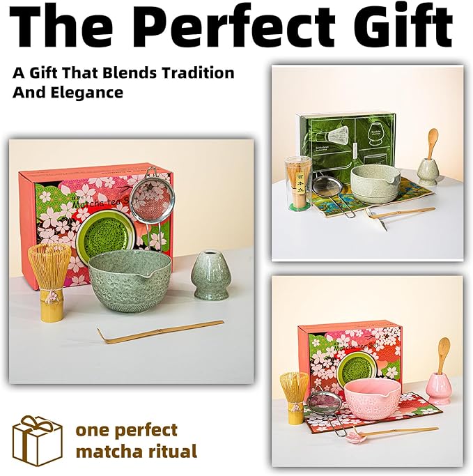 8 PCS Matcha Whisk Set, Ceramic Matcha Set, Includes Bowl, Matcha Whisk Holder Matcha Bamboo Whisk, Scoop, Sifter, Unique Gift for Matcha Lovers (B)