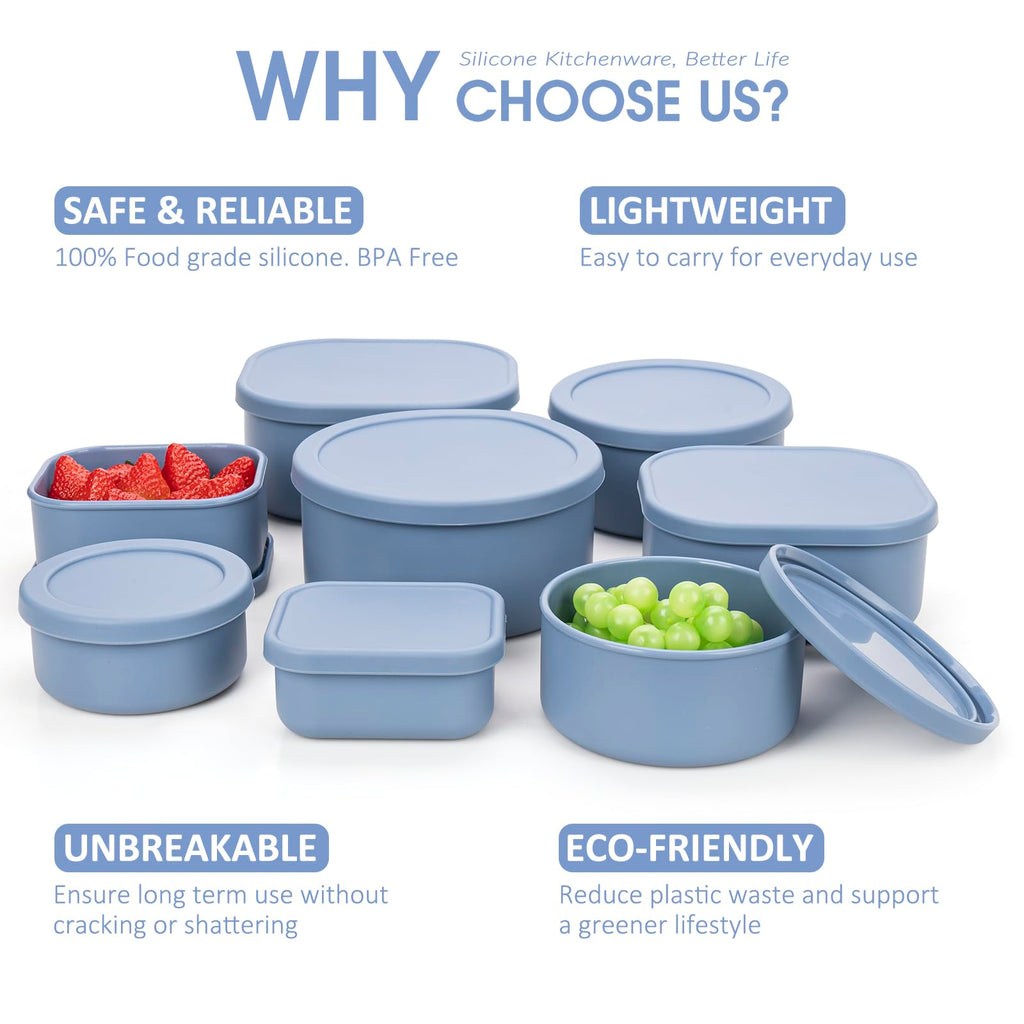 100% Silicone Food Storage Containers with Lids, 8 Pack, 10oz to 51oz, Reusable Leakproof Nesting & Stackable Silicone Bento Lunch Box, Microwave Freezer Dishwasher Oven Safe, BPA Free, Slate Blue