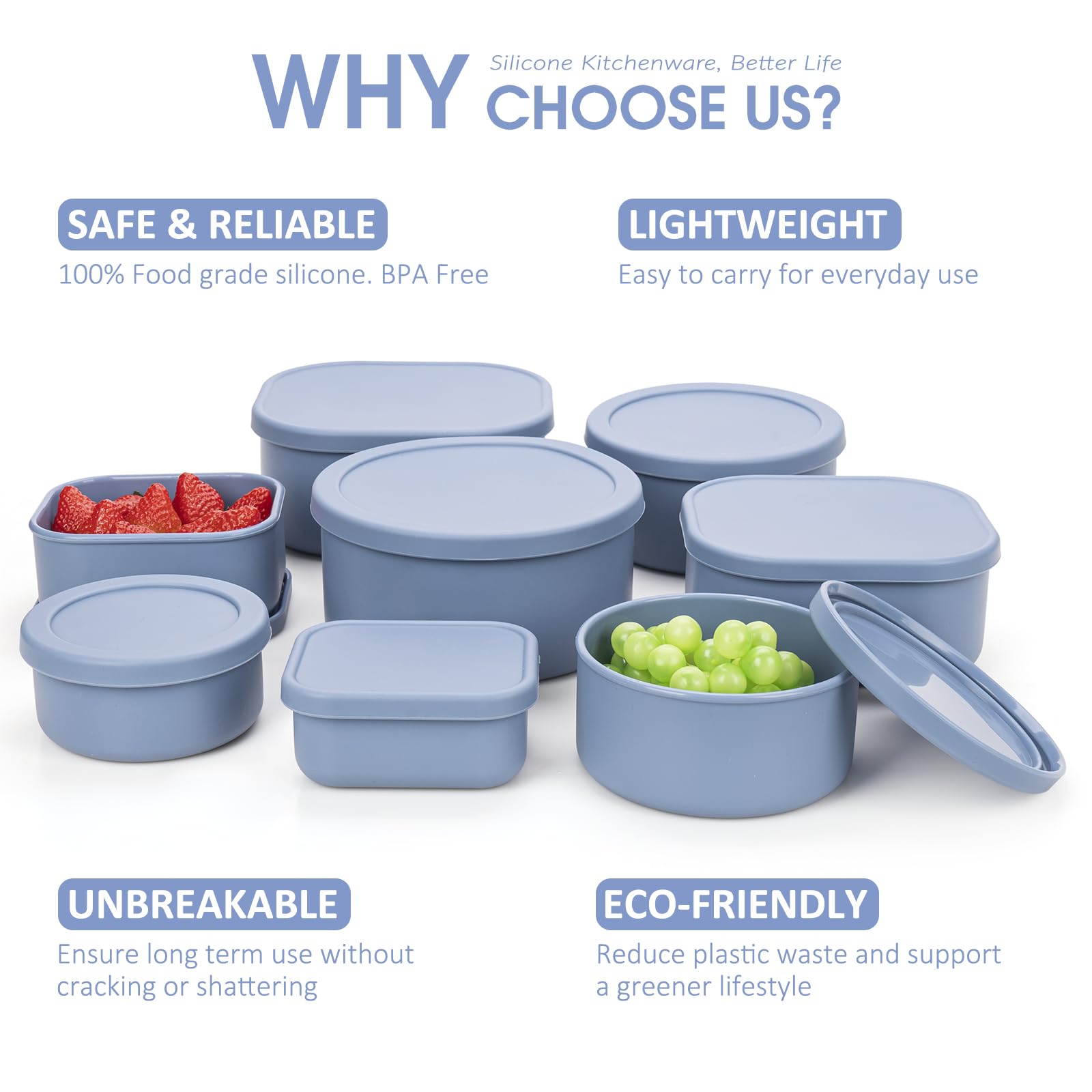 100% Silicone Food Storage Containers with Lids, 8 Pack, 10oz to 51oz, Reusable Leakproof Nesting & Stackable Silicone Bento Lunch Box, Microwave Freezer Dishwasher Oven Safe, BPA Free, Slate Blue