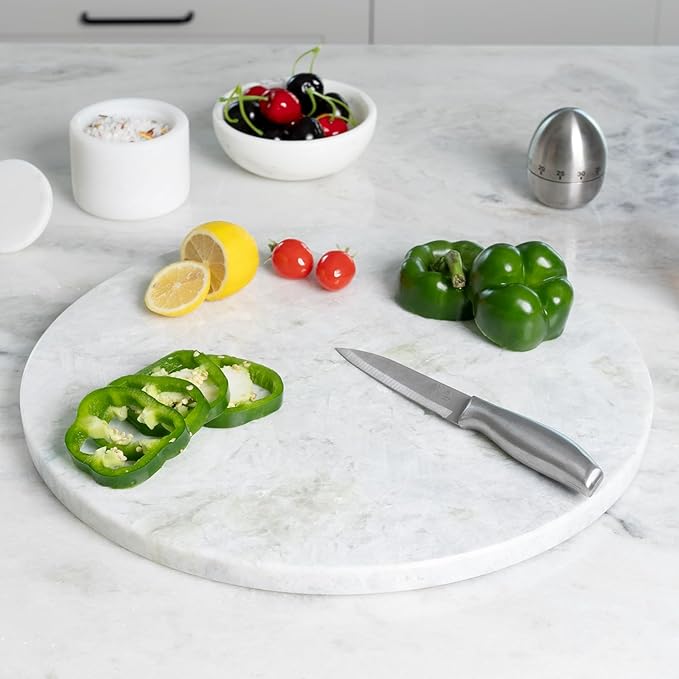 Koville Lighe Gray Marble Stone Cutting Board, Non-Stick Dough Pastry and Cutting Boards for Kitchen Counter, 16" Marble Cheese Board for Baking, Charcuterie, Trivet, Round Serving Slab for Countertop