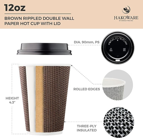 12 oz Disposable Paper Coffee Cups with Lids Insulated Double-Walled Togo