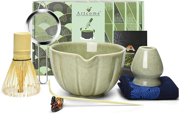 Artcome 7 Pcs Japanese Matcha Tea Set - Matcha Bowl with Pouring Spout, Matcha Whisk, Tea Scoop, Whisk Holder, Handmade Matcha Ceremony Kit For Japanese Tea Ceremony, Mottled Green