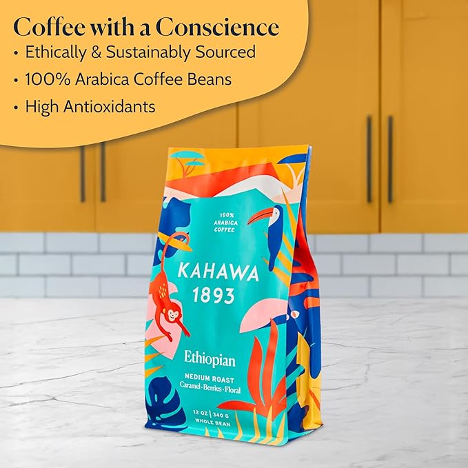 Kahawa 1893 Whole Bean Coffee Medium Roast Ethiopian Blend 12 Oz - As Seen on Shark Tank, High Antioxidants, Naturally Sweet, Organically Grown, Ethically & Sustainably Sourced