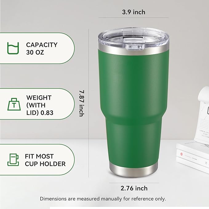 30 oz Tumbler with Lid Stainless Steel Tumblers Vacuum Insulated Cup Reusable Powder Coated Travel Mug Double Wall Leak Proof Portable Cups Keep Cold Drinks for 12 Hours, Dark Green, 1 Pack
