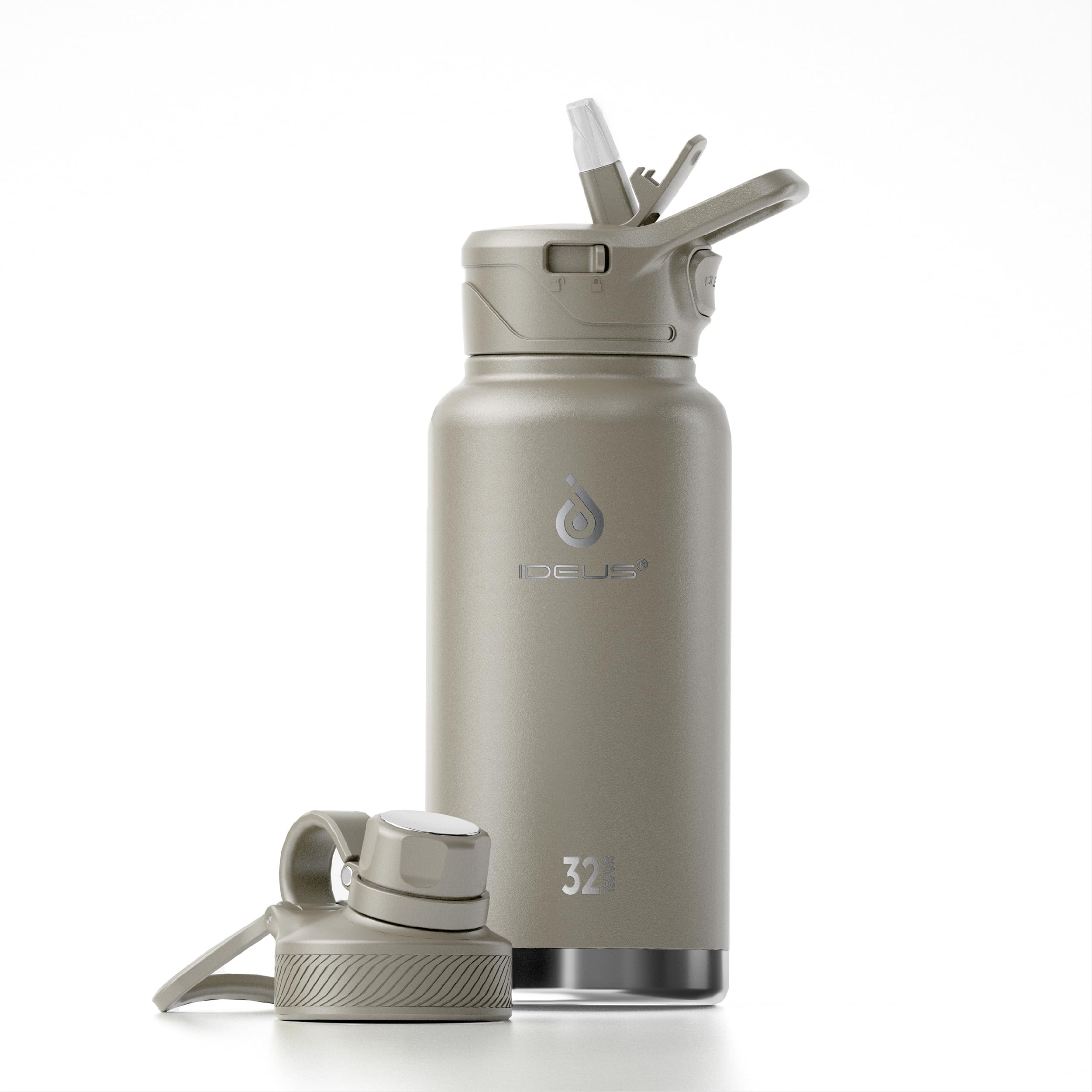 IDEUS Insulated Stainless Steel Water Bottle with 2 Leak-Proof Lids, Thermal Water Flask for Hiking Biking, 32oz, Celadon