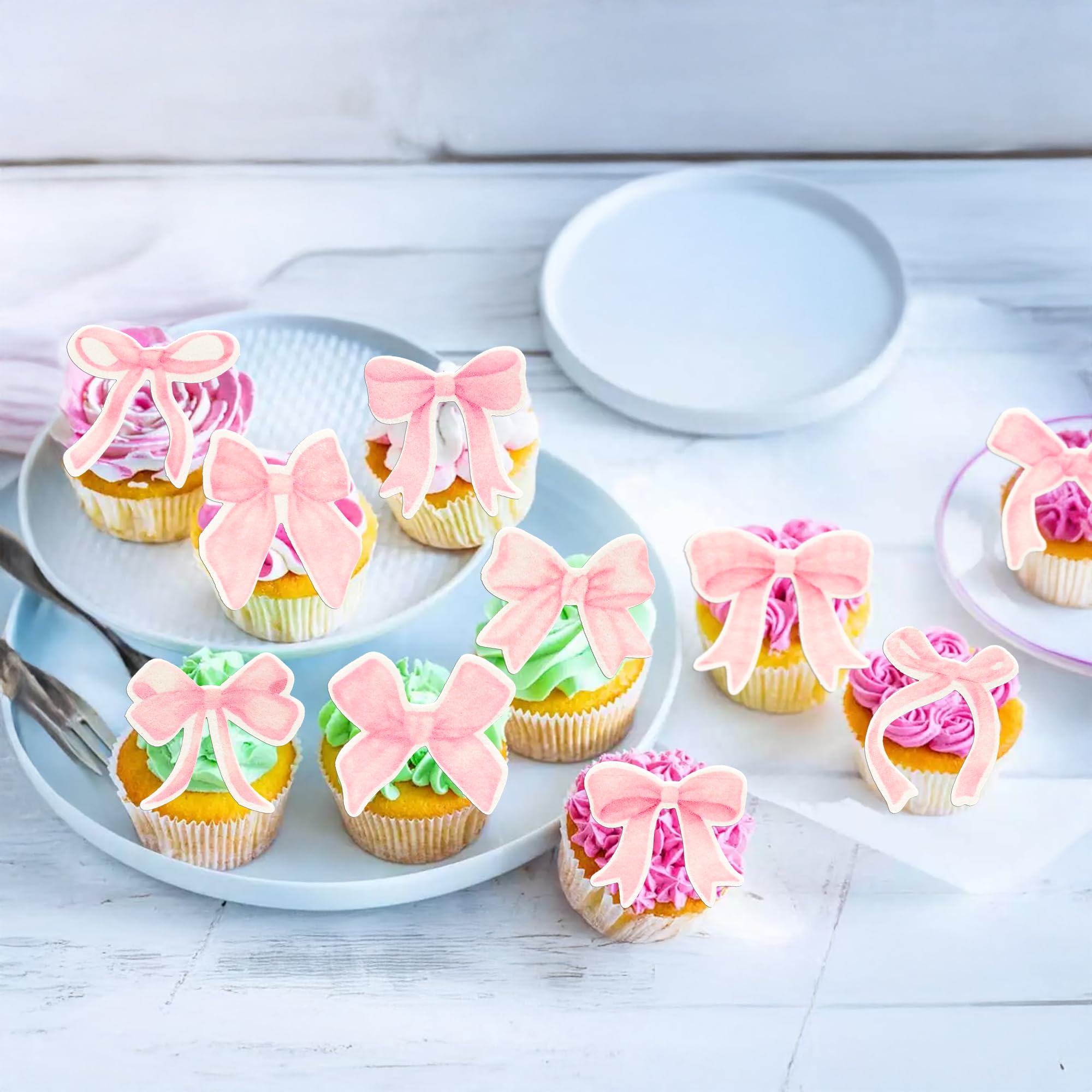 Gyufise 50Pcs Edible Pink Bowknot Cupcake Toppers Wafer Paper Bowknot Cake Dessert Picks Drink Topper Baby Shower Princess Cupcake Toppers for Birthday Party Decoration Supplies