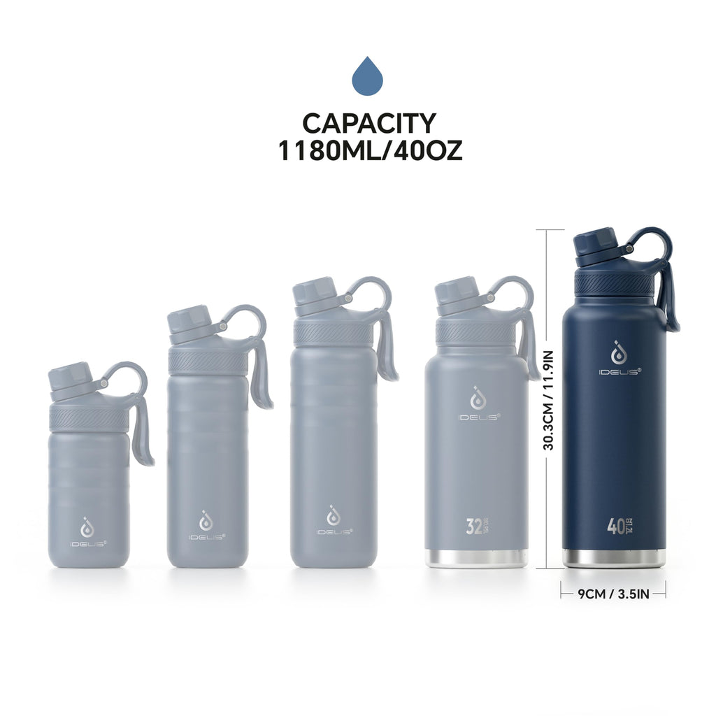 IDEUS Insulated Stainless Steel Water Bottle with 2 Leak-Proof Lids, Thermal Water Flask for Hiking Biking, 40oz, Navy Blue