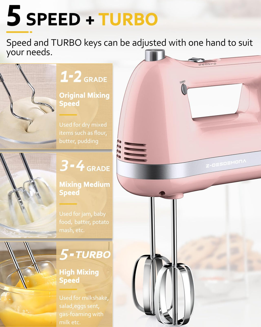 Z-DESDEMONA Electric Hand Mixer, Powerful Hand Mixer Electric Handheld with 304 Beaters, Dough Hook, Whisk, Hand Held Mixer with Turbo for Baking Cakes, Eggs, Cream Food(Pink)
