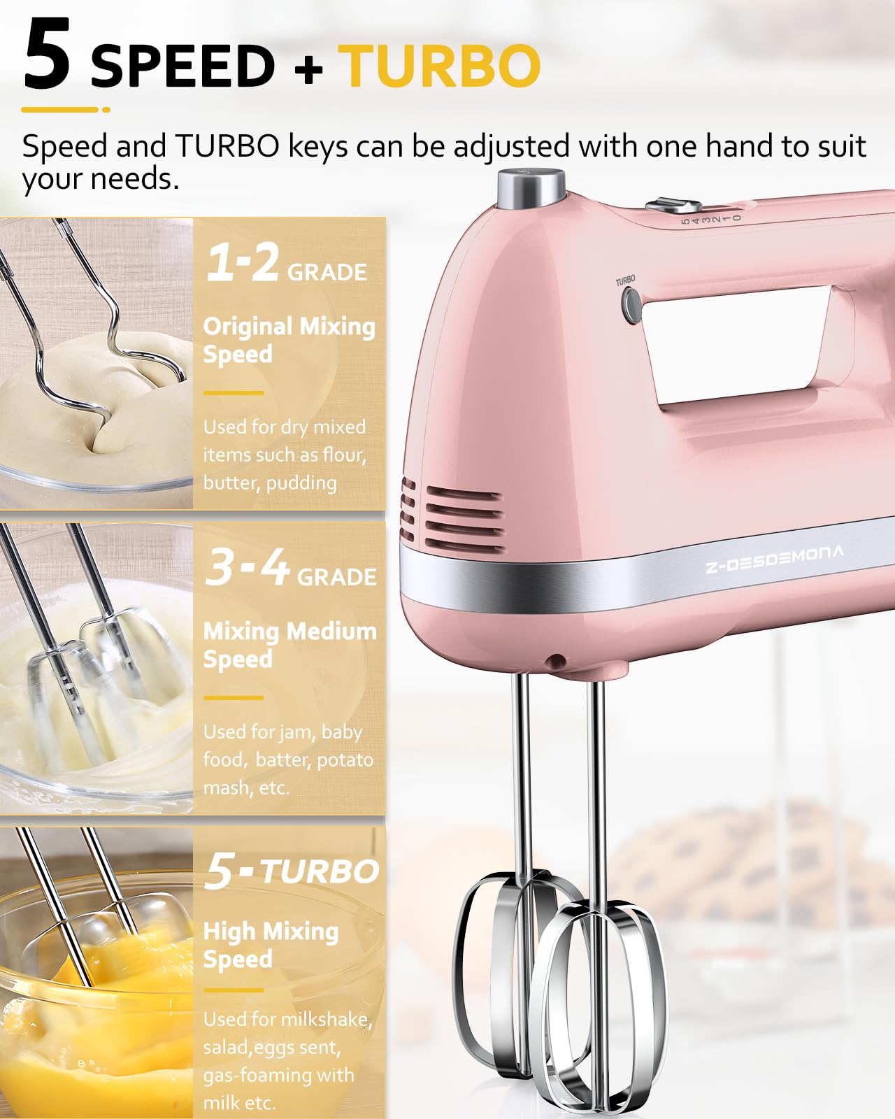 Z-DESDEMONA Electric Hand Mixer, Powerful Hand Mixer Electric Handheld with 304 Beaters, Dough Hook, Whisk, Hand Held Mixer with Turbo for Baking Cakes, Eggs, Cream Food(Pink)