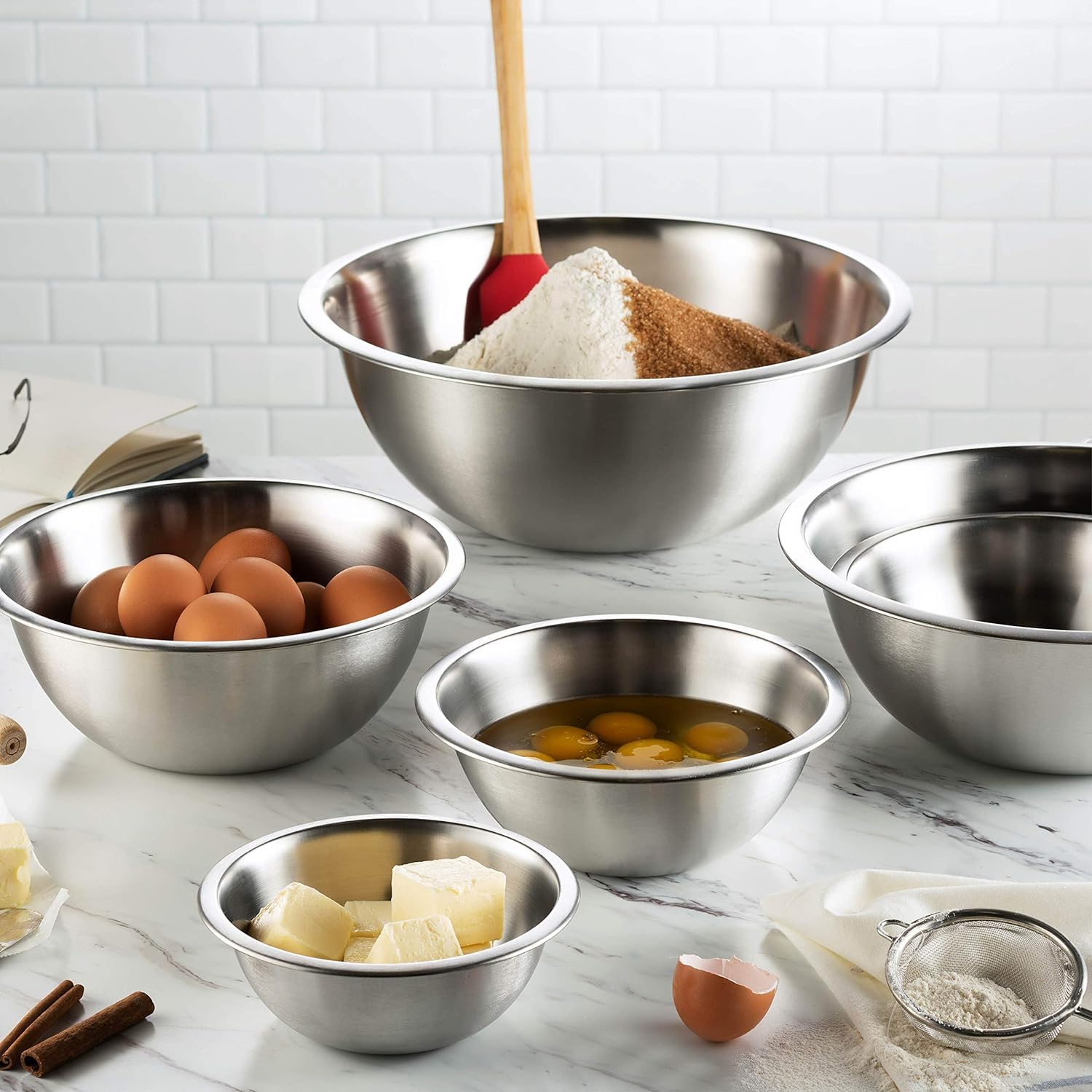 BREFR Stainless Steel Mixing Bowl Set, Nesting Bowls for Kitchen Baking, Cooking, Prepping, Kitchen Food Storage Organizers, No Lids (6 Pack)