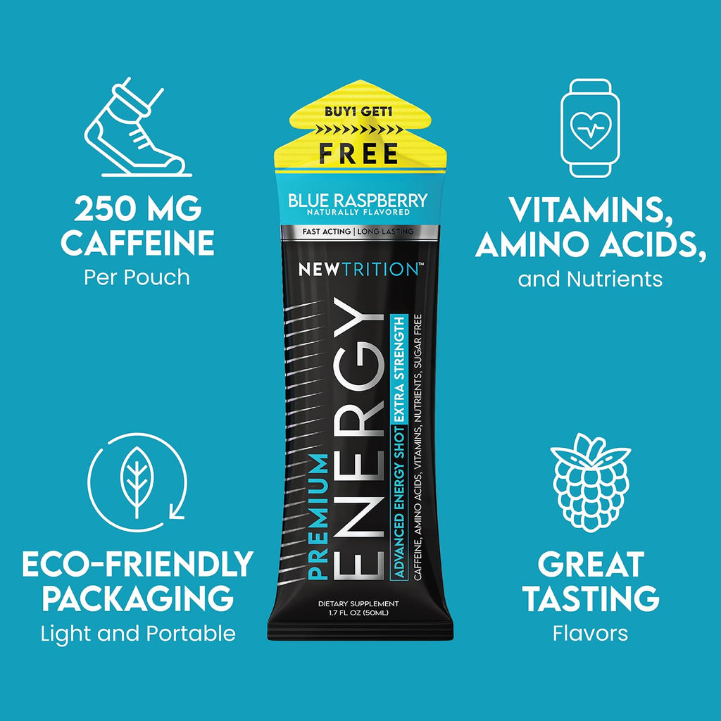 NewTrition® Extra Strength Energy Shots, 1.7 fl oz - 250mg Caffeine with Vitamin B & Amino Acids, Sugar-Free, Zero Calorie Vitamin Energy Drink for Focus & Endurance (Pack of 6, Blue Raspberry)