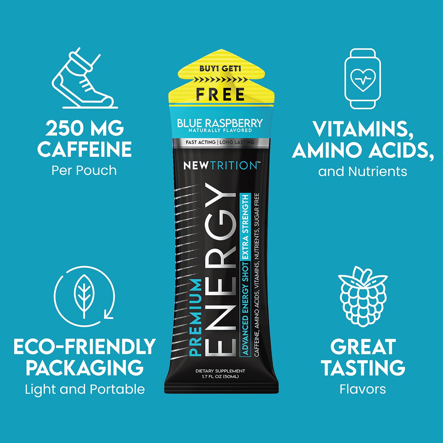 NewTrition® Extra Strength Energy Shots, 1.7 fl oz - 250mg Caffeine with Vitamin B & Amino Acids, Sugar-Free, Zero Calorie Vitamin Energy Drink for Focus & Endurance (Pack of 6, Blue Raspberry)