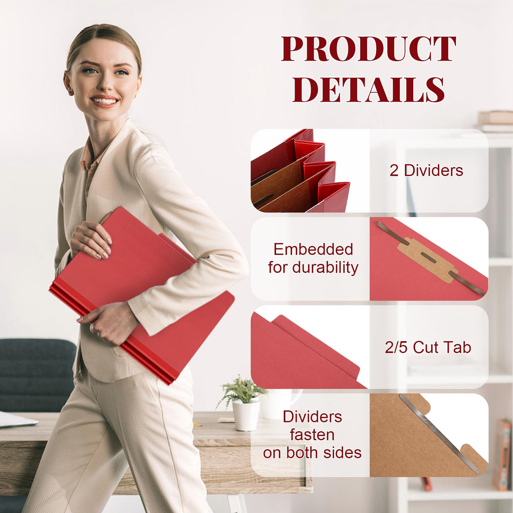 Skyygemm 12 Pcs Classification Folders Letter Size Bulk - 2 Dividers Pressboard File Folder with 3. 5 Inch Expansion, 2 Prongs Fastener, Heavy Duty Office File Organizer for Teacher Medical (Dark Red)