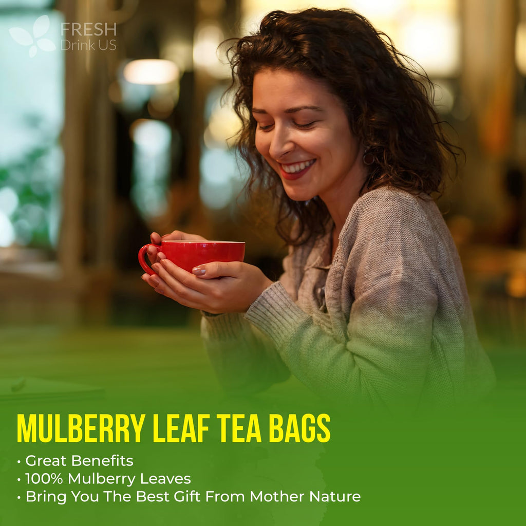 FreshDrinkUS Premium 75 Mulberry Leaf Tea Bags, 100% Natural & Pure. Loose Leaf Herbal Tea. Made with Natural Material Tea Bags. No Sugar, No Caffeine, No Gluten, Vegan