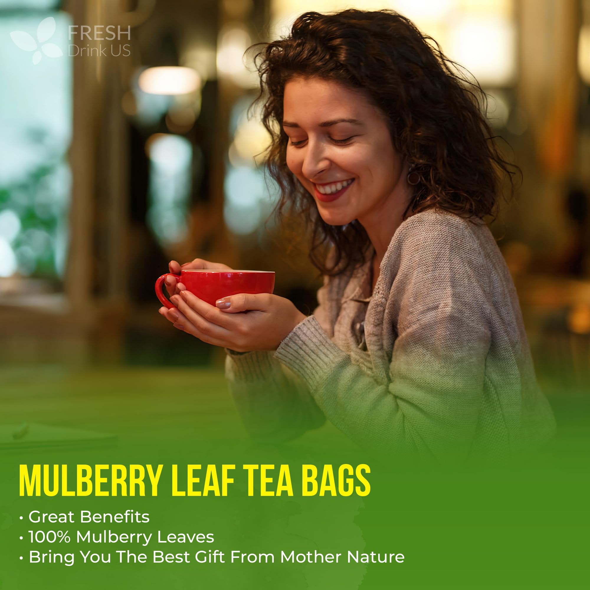 FreshDrinkUS Premium 75 Mulberry Leaf Tea Bags, 100% Natural & Pure. Loose Leaf Herbal Tea. Made with Natural Material Tea Bags. No Sugar, No Caffeine, No Gluten, Vegan