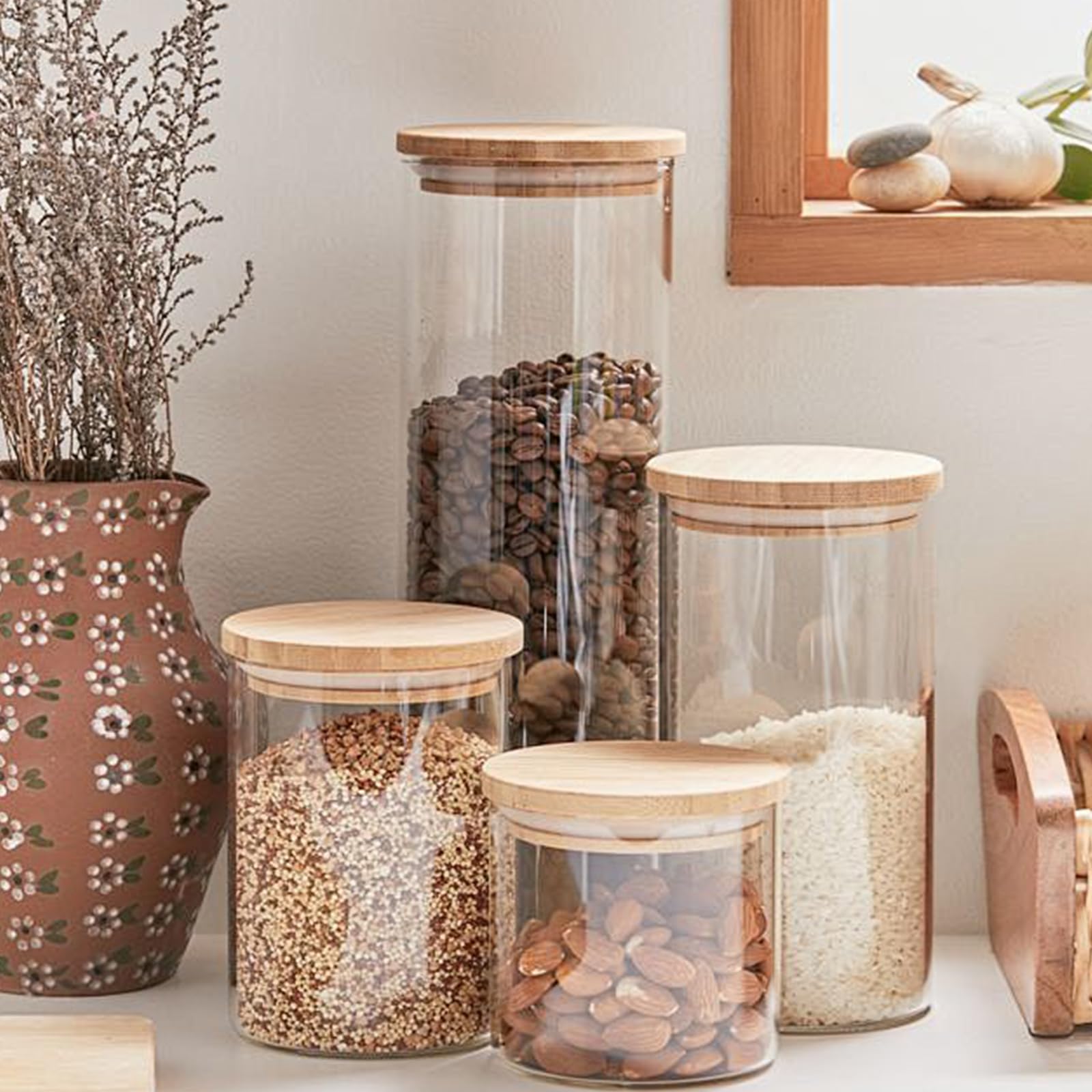 SHOWIN Glass Food Storage Jars, Glass Jars with Bamboo Lids, Kitchen Storage Jars, Canisters with Airtight Lids for Spice, Coffee, Cookie, Set of 5, Pantry Organizers
