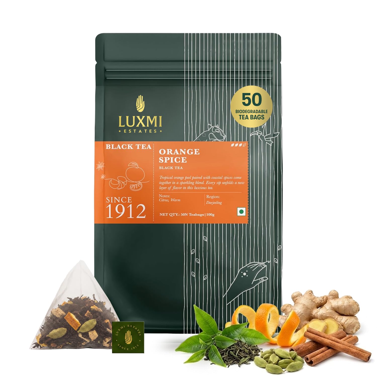 Luxmi Estates Orange Spice Darjeeling Black Tea for Caffeinated Morning Boost Natural Energy | 50 Biodegradable Teabags (50 cups)