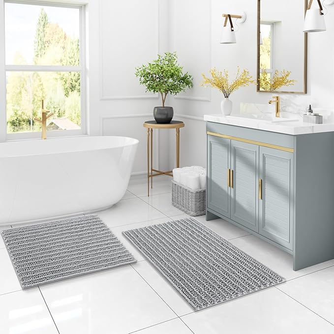 Arotive Luxury Chenille Bathroom Rug Mat, Extra Soft Thick Absorbent Shaggy Bath Rugs, Non-Slip Machine Wash Dry, Plush Bath Mats for Bathroom, Shower and Tub, 59x35, Light Grey