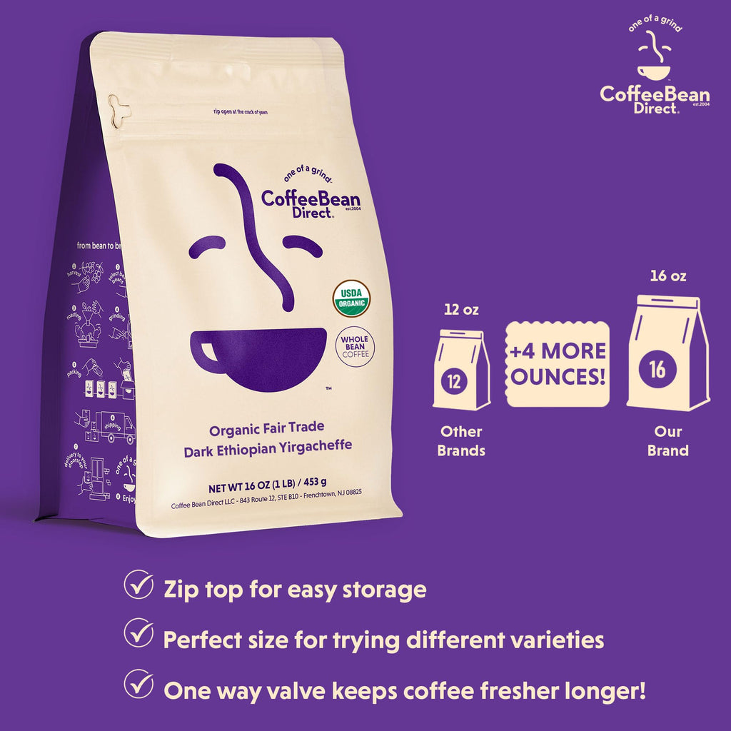 Coffee Bean Direct Organic Fair Trade Dark Ethiopian Yirgacheffe, 1lb Bag