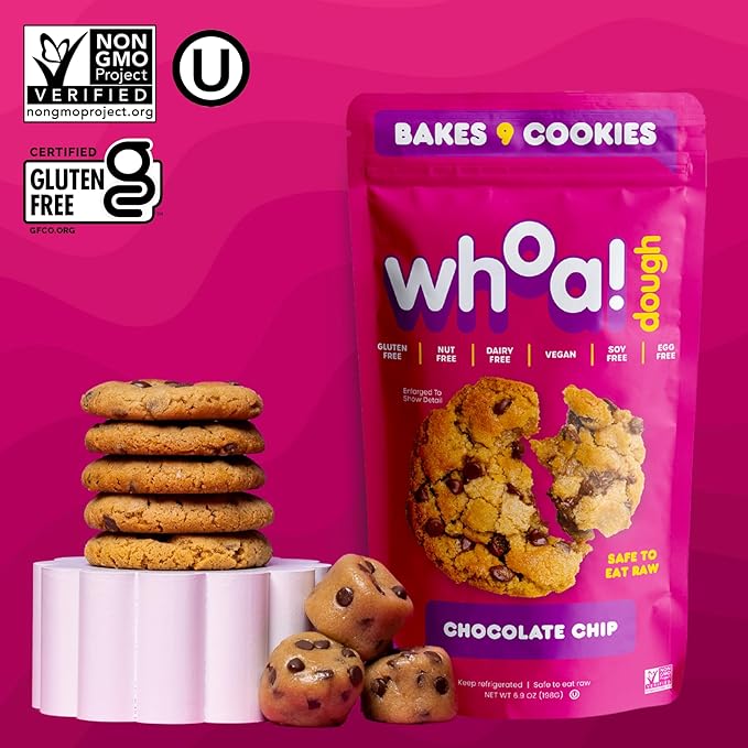 Whoa Dough Ready to Bake Cookie Dough Chocolate Chip – Certified Non-GMO, Kosher, Gluten Free – Plant-Based Snack Dough Made with Real Ingredients – 6 Pack