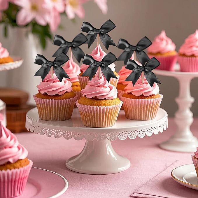24Pcs Bow Cupcake Toppers - Black Bow Cake Topper Birthday Decorations, Bowknot Cupcake Picks for Coquette Bow Theme Party Decoration Bachelorette Bridal Engagement Wedding Baby Shower Party Decor