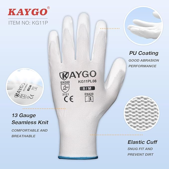 KAYGO Safety Work Gloves PU Coated-12 Pairs, KG11PB, Seamless Knit Glove with Polyurethane Coated Smooth Grip on Palm & Fingers, for Men and Women, Ideal for General Duty Work (XX-Large, White)
