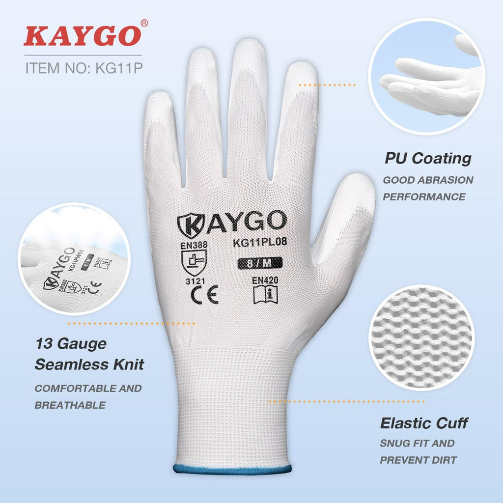 KAYGO Safety Work Gloves for Men Women, PU Coated Palm & Fingers, KG11P