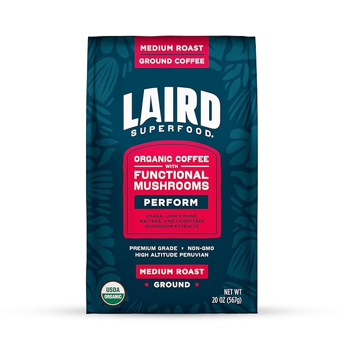 Laird Superfood Boost Coffee, Medium Roast Ground Beans Infused with Functional Mushrooms, Vitamin D and Olive Leaf Powder