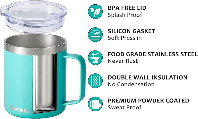 SUNWILL Insulated Coffee Mug with Lid, Travel Tumbler with Handle, 14 oz Stainless Steel Cup for Camping, Office, Home, Powder Coated Teal