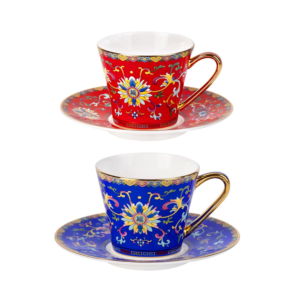KAMMAK Tea Cup and Saucer, Ceramic Coffee Cups, 7.4 oz, Set of 2