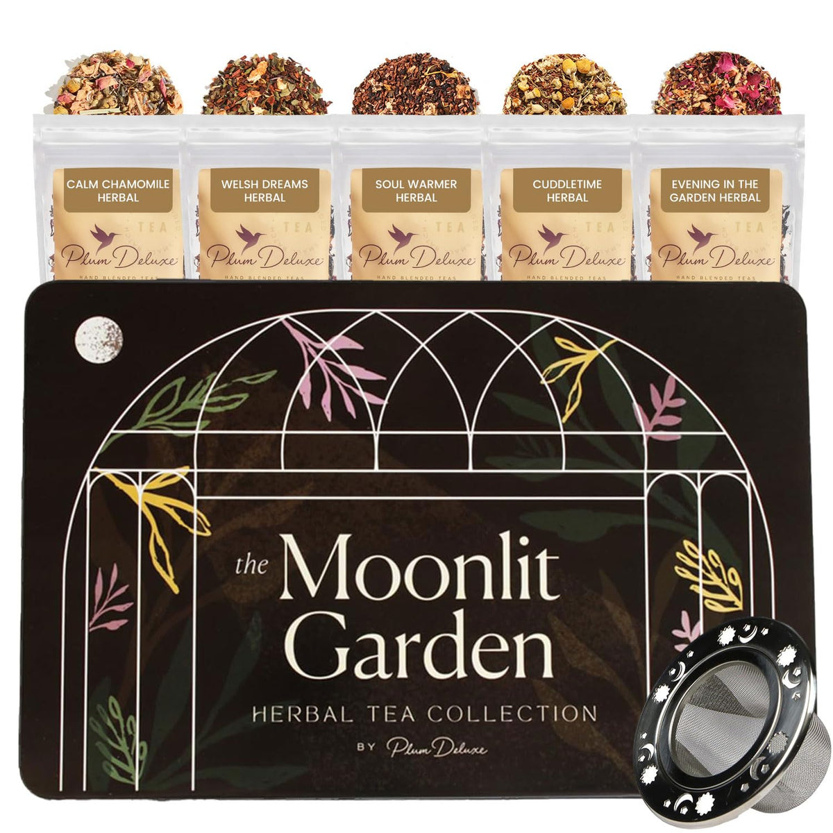 Herbal Tea Sampler – 5 Caffeine-Free Loose Leaf Blends for Sleep and Relaxation, Fruity and Dessert-Inspired Flavors, 75 to 100 Cups – Handcrafted in USA – Plum Deluxe
