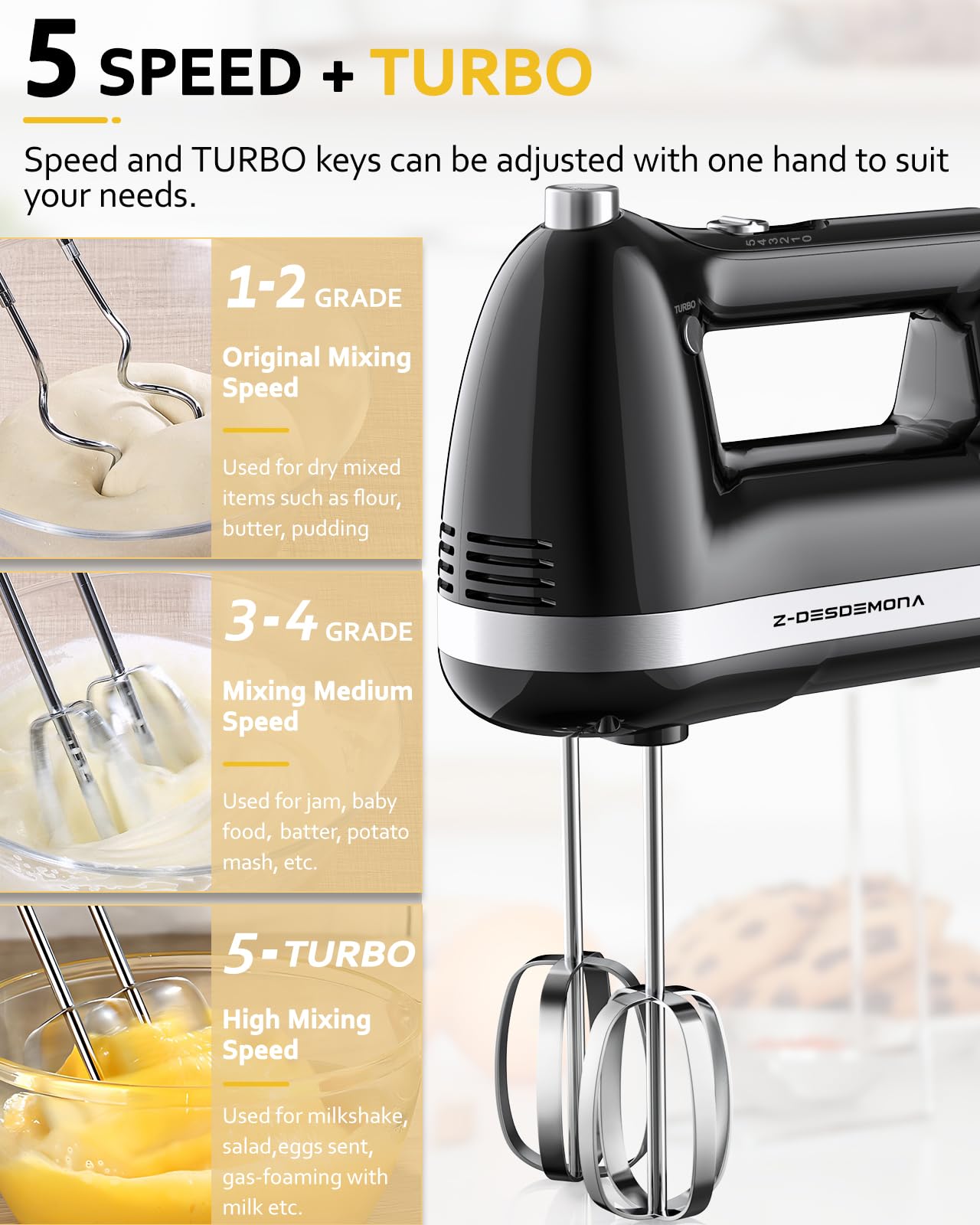Z-DESDEMONA Electric Hand Mixer, Powerful Hand Mixer Electric Handheld with 304 Beaters, Dough Hook, Whisk, Hand Held Mixer with Turbo for Baking Cakes, Eggs, Cream Food(Black)