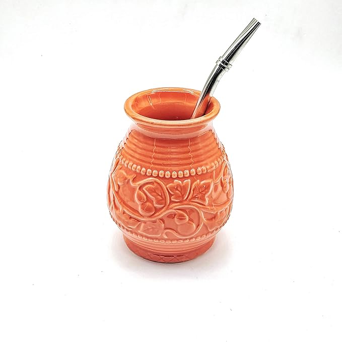 Ceramic Yerba Mate Gourd With Emboss Calabash Pattern (Coral With Straw)